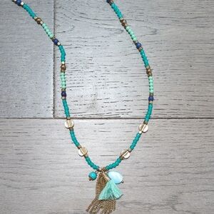 bohemian Long Turquoise and Gold Beaded Necklace